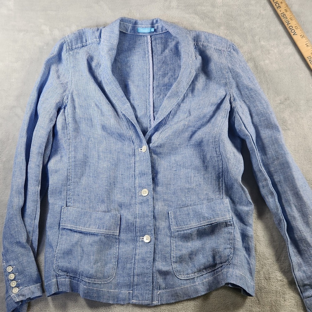 J McLaughlin Lightweight Linen‎ Blazer Pockets Blue Chevron Sz 8 Beach Coastal